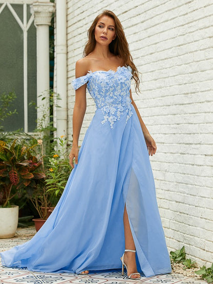 A-Line/Princess Chiffon Applique Off-the-Shoulder Sleeveless Sweep/Brush Train Dresses