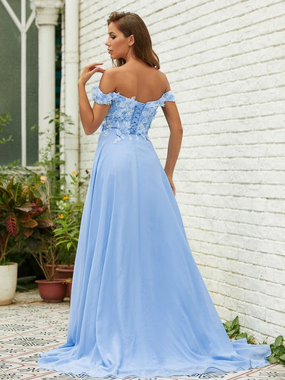 A-Line/Princess Chiffon Applique Off-the-Shoulder Sleeveless Sweep/Brush Train Dresses