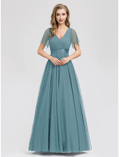 A-Line Empire Wedding Guest Prom Dress V Neck V Back Short Sleeve Floor Length Chiffon with Pleats Ruched