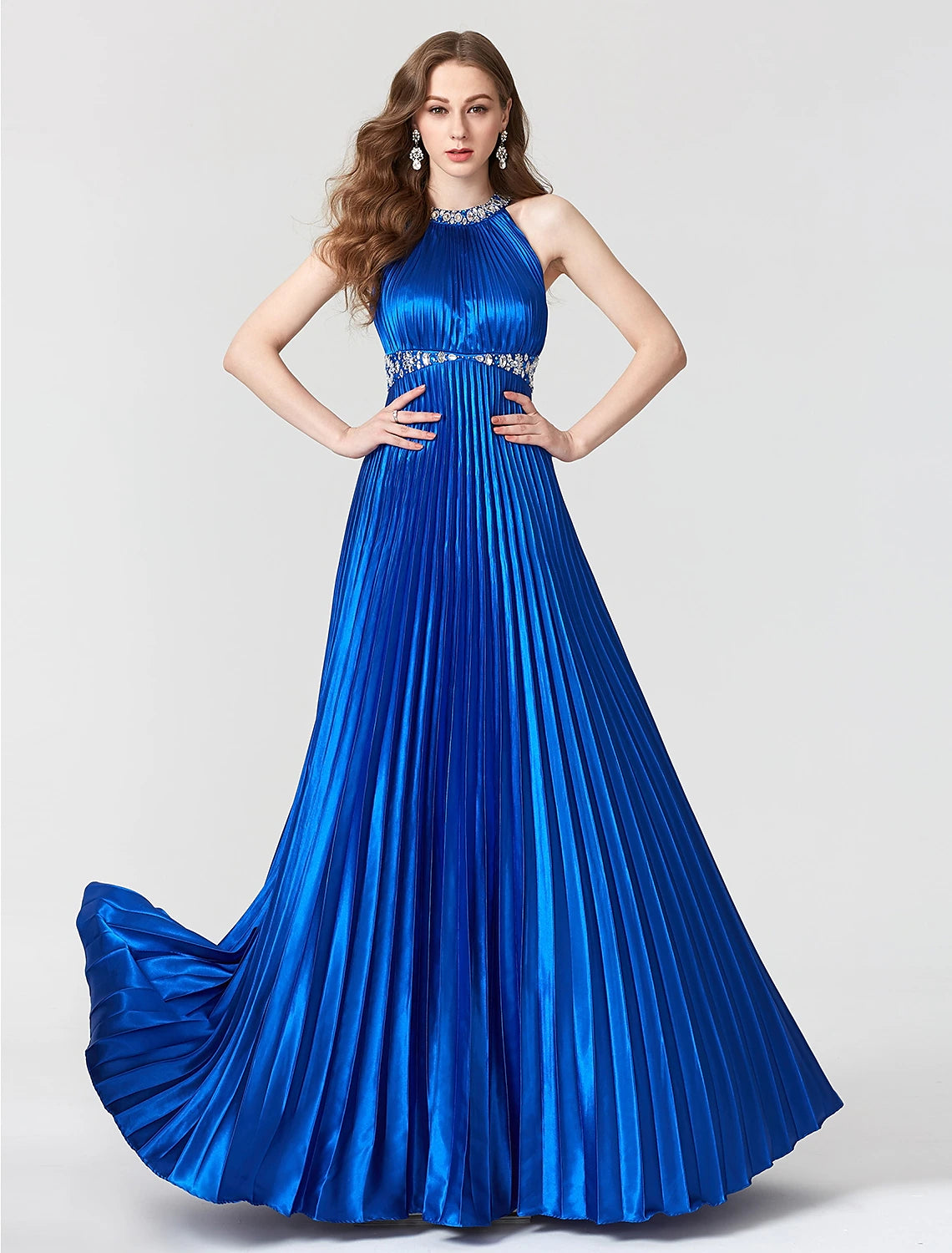 A-Line Beautiful Back Dress Holiday Cocktail Party Floor Length Sleeveless Jewel Neck Satin with Pleats Beading