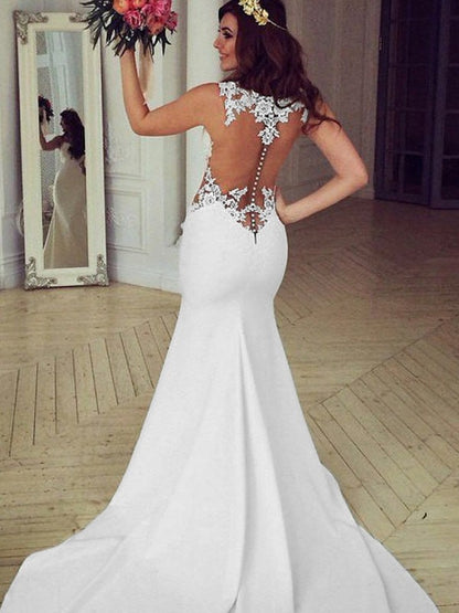 Trumpet/Mermaid Scoop Sleeveless Sweep/Brush Train Applique Stretch Crepe Wedding Dresses