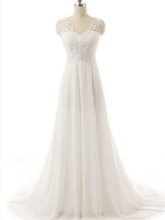 A-Line/Princess V-neck Sleeveless Sweep/Brush Train Lace Chiffon Wedding Dresses