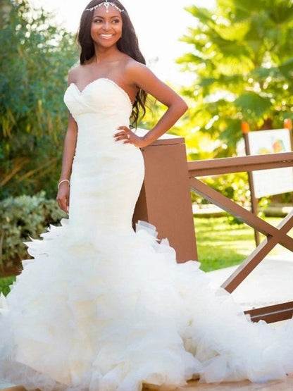 Trumpet/Mermaid Sleeveless Sweetheart Court Train Organza Wedding Dresses