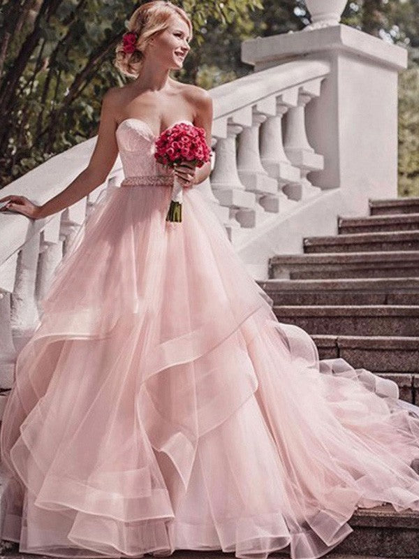 Ball Gown Sweetheart Sleeveless Court Train Layers Organza Wedding Dresses