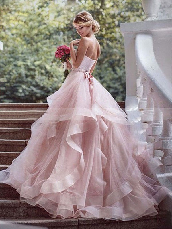 Ball Gown Sweetheart Sleeveless Court Train Layers Organza Wedding Dresses