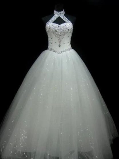 Ball Gown Halter Sleeveless Floor-Length Beading Sequin Tulle Wedding Dresses