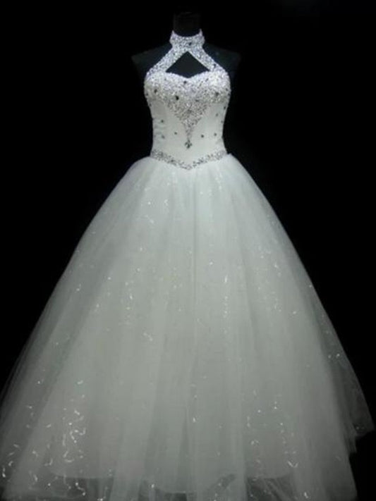 Ball Gown Halter Sleeveless Floor-Length Beading Sequin Tulle Wedding Dresses