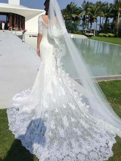 Trumpet/Mermaid 1/2 Sleeves Square Cathedral Train Applique Lace Wedding Dresses