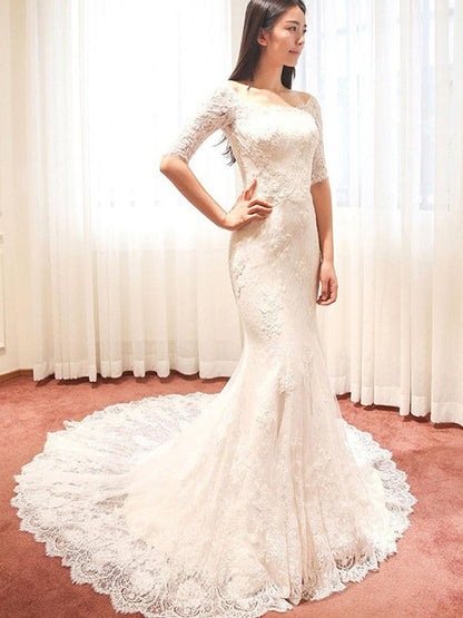 Trumpet/Mermaid 1/2 Sleeves Square Cathedral Train Applique Lace Wedding Dresses