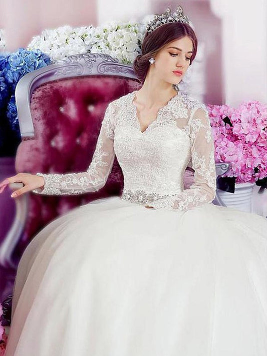 A-Line/Princess Long Sleeves V-neck Cathedral Train Applique Lace Tulle Wedding Dresses