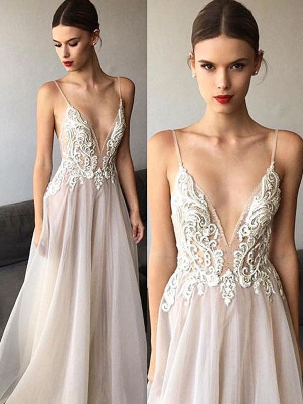 A-Line/Princess Sleeveless V-neck Sweep/Brush Train Spaghetti Straps Lace Organza Wedding Dresses