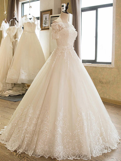 Ball Gown 1/2 Sleeves Off-the-Shoulder Floor-Length Applique Lace Tulle Wedding Dresses