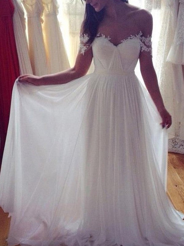 A-Line/Princess Sleeveless Off-the-Shoulder Sweep/Brush Train Applique Lace Chiffon Wedding Dresses