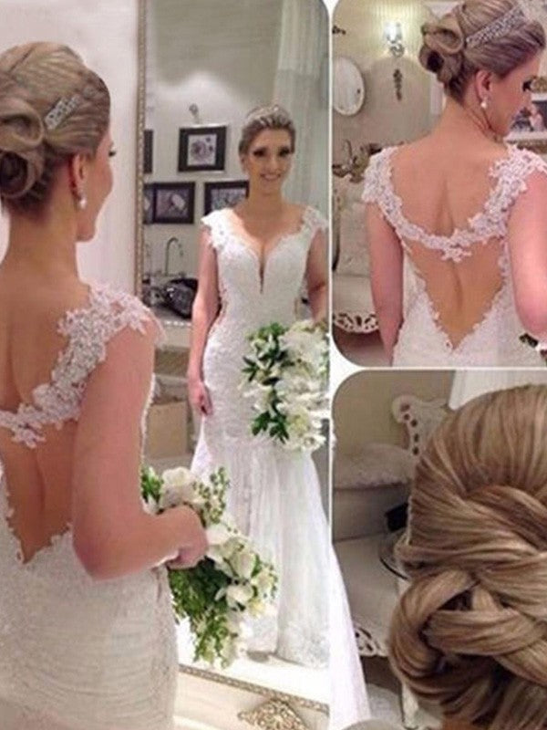 Trumpet/Mermaid Sleeveless V-neck Sweep/Brush Train Applique Lace Tulle Wedding Dresses