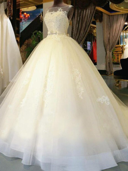 Ball Gown Sleeveless Off-the-Shoulder Sweep/Brush Train Sash/Ribbon/Belt Beading Applique Lace Wedding Dresses