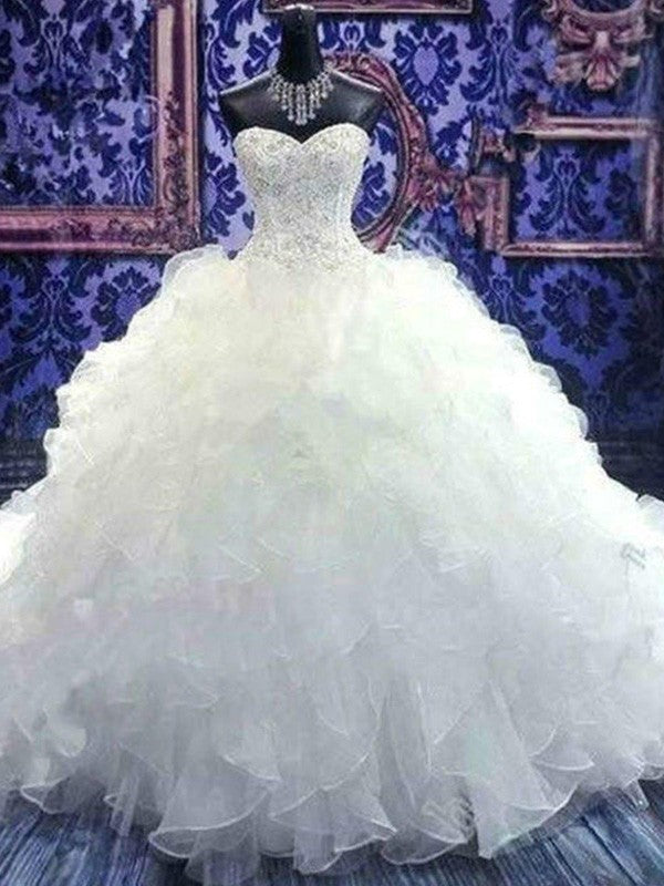 Ball Gown Sleeveless Sweetheart Cathedral Train Beading Sequin Organza Wedding Dresses