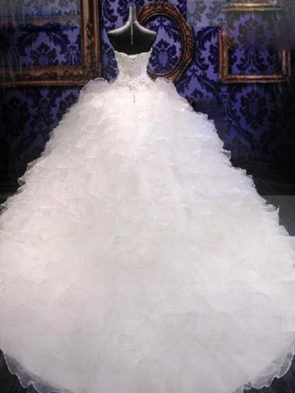 Ball Gown Sleeveless Sweetheart Cathedral Train Beading Sequin Organza Wedding Dresses