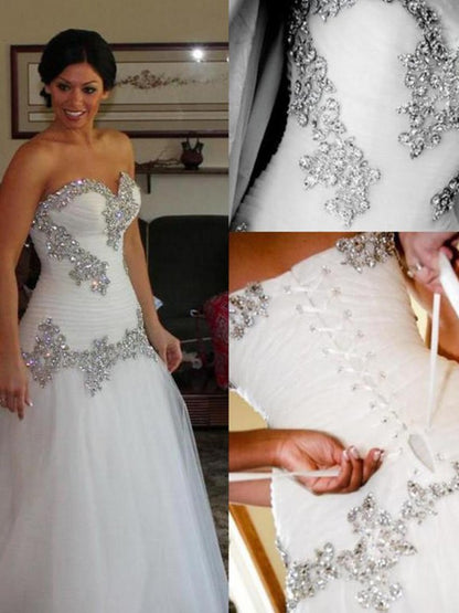 A-Line/Princess Sweetheart Tulle Sleeveless Rhinestone Floor-Length Wedding Dresses