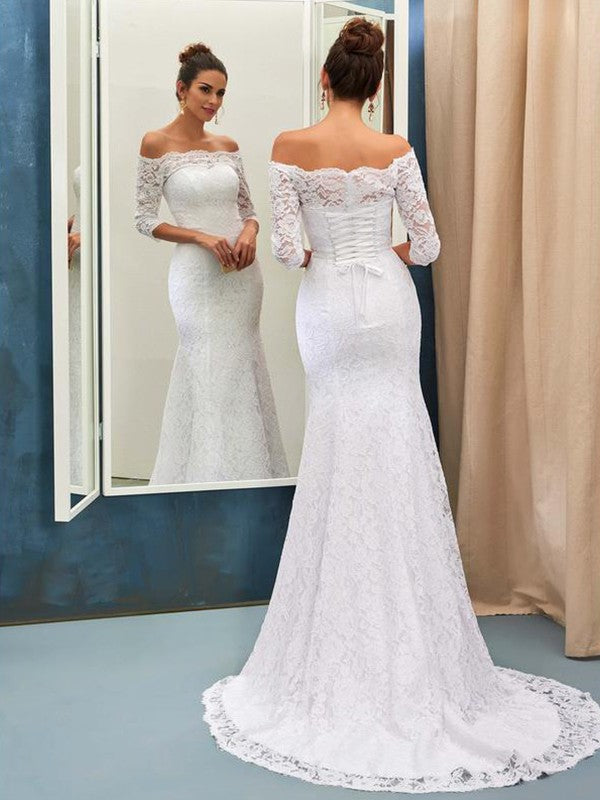 Trumpet/Mermaid Off-the-Shoulder 1/2 Sleeves Lace Sweep/Brush Train Wedding Dresses