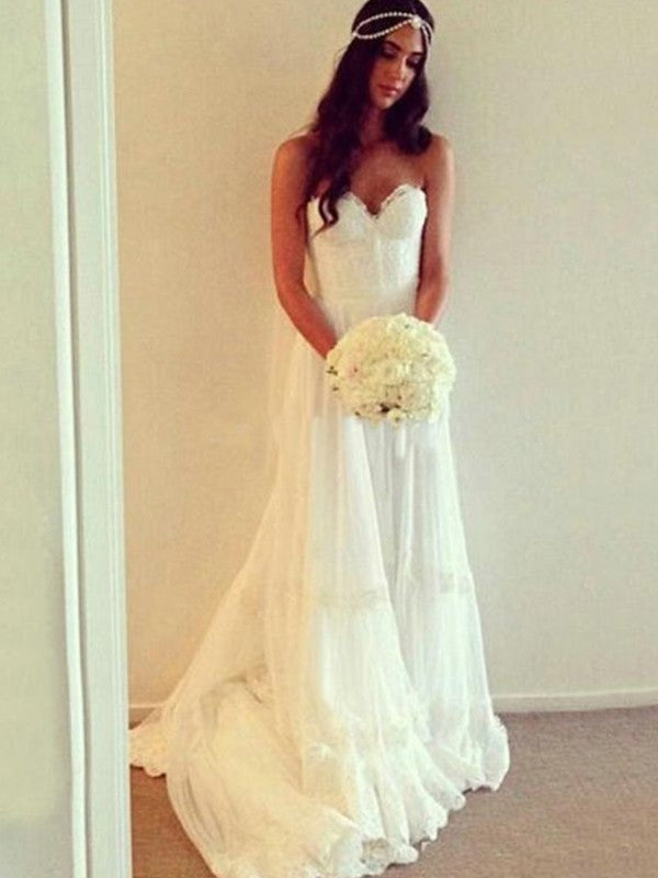 A-Line/Princess Sweetheart Sleeveless Tulle Lace Court Train Wedding Dresses