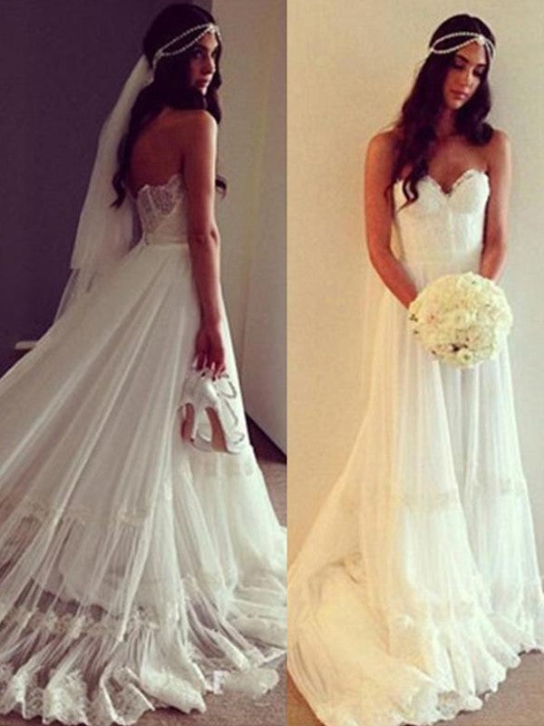 A-Line/Princess Sweetheart Sleeveless Tulle Lace Court Train Wedding Dresses