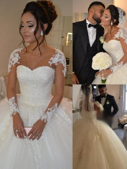 Ball Gown Tulle Long Sleeves Scoop Applique Court Train Wedding Dresses