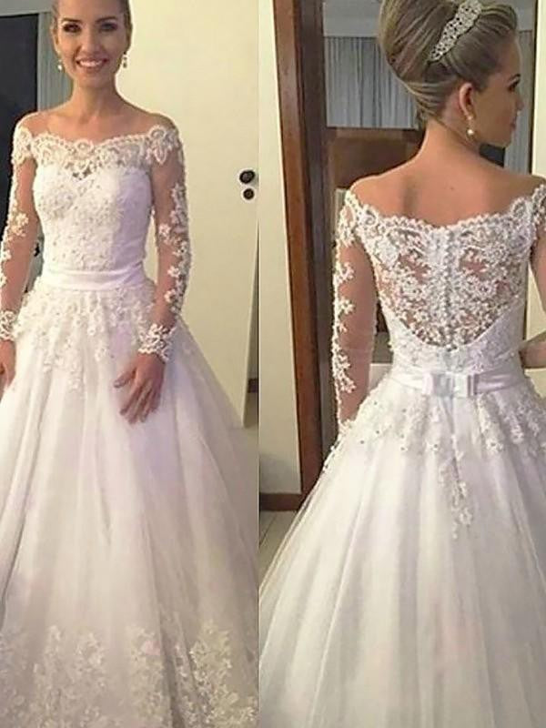 Ball Gown Tulle Applique Off-the-Shoulder Long Sleeves Court Train Wedding Dresses