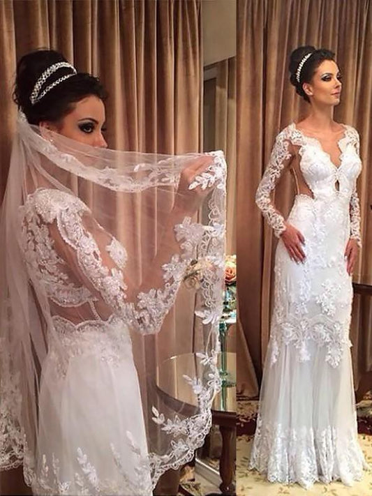 Sheath/Column V-neck Tulle Applique Long Sleeves Sweep/Brush Train Wedding Dresses