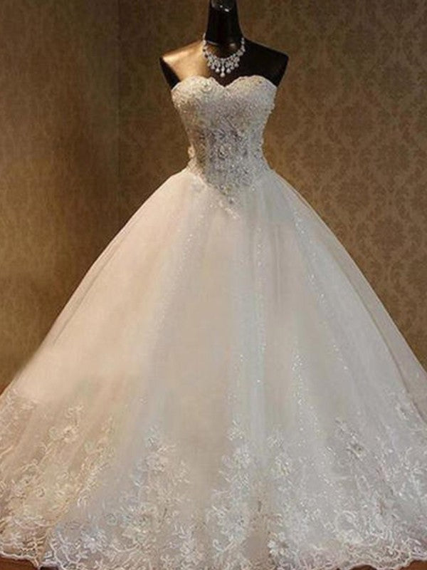 Ball Gown Tulle Beading Sweetheart Sleeveless Floor-Length Wedding Dresses