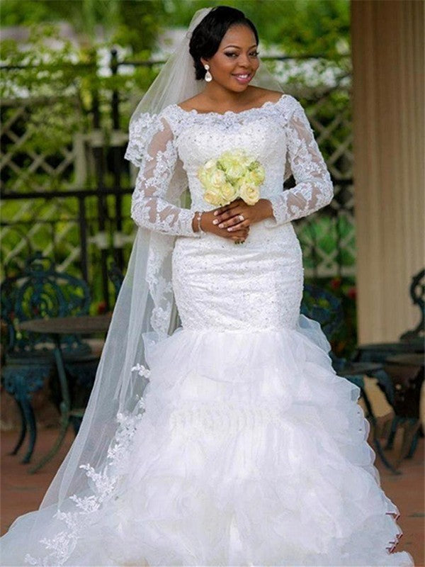 Trumpet/Mermaid Square Applique Organza Long Sleeves Chapel Train Wedding Dresses