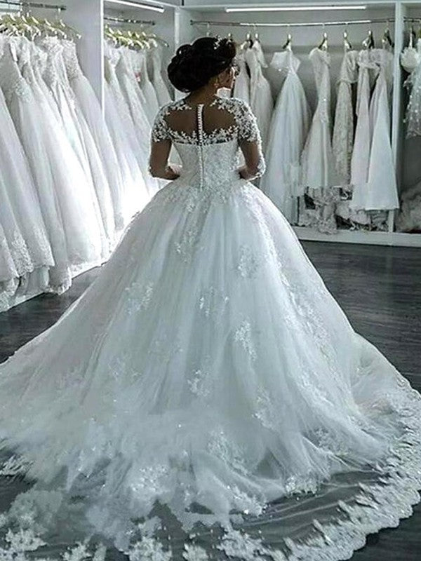 Ball Gown Applique Tulle Scoop Long Sleeves Court Train Wedding Dresses