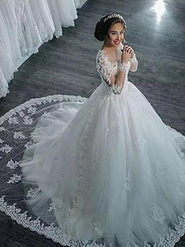 Ball Gown Applique Tulle Scoop Long Sleeves Court Train Wedding Dresses