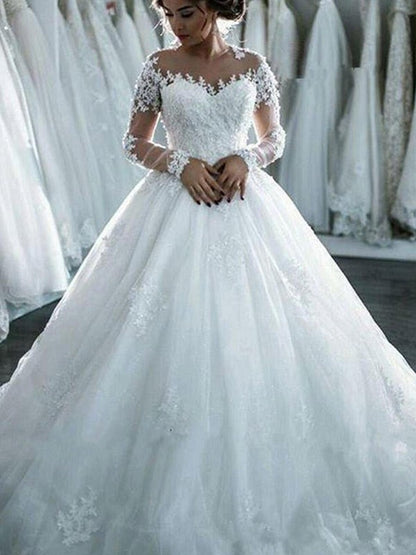 Ball Gown Applique Tulle Scoop Long Sleeves Court Train Wedding Dresses