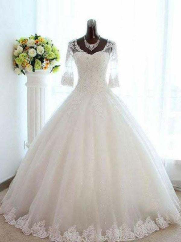 Ball Gown V-neck Beading Tulle 3/4 Sleeves Bateau Floor-Length Wedding Dresses