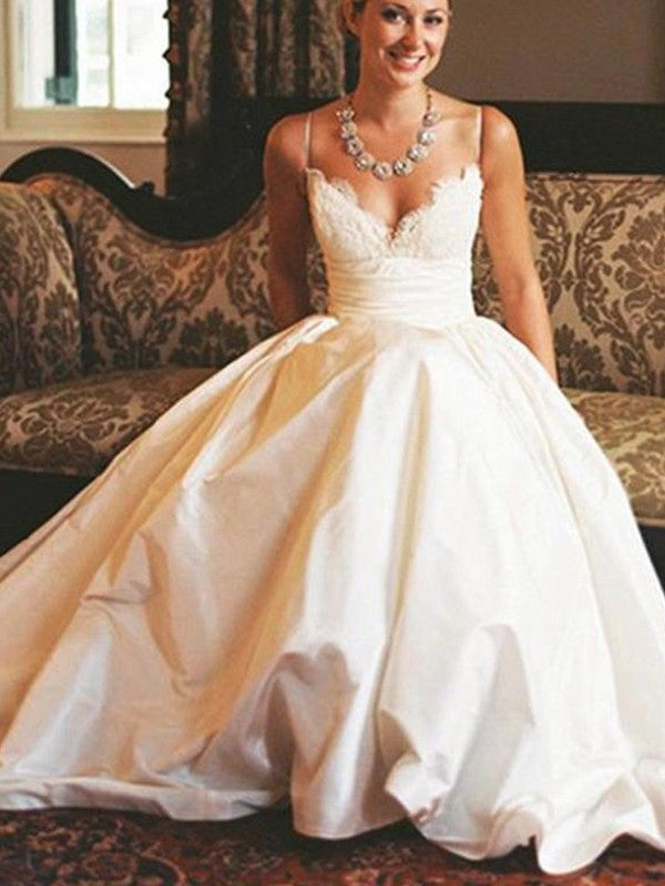 A-Line/Princess V-neck Satin Ruched Sleeveless Sweep/Brush Train Wedding Dresses