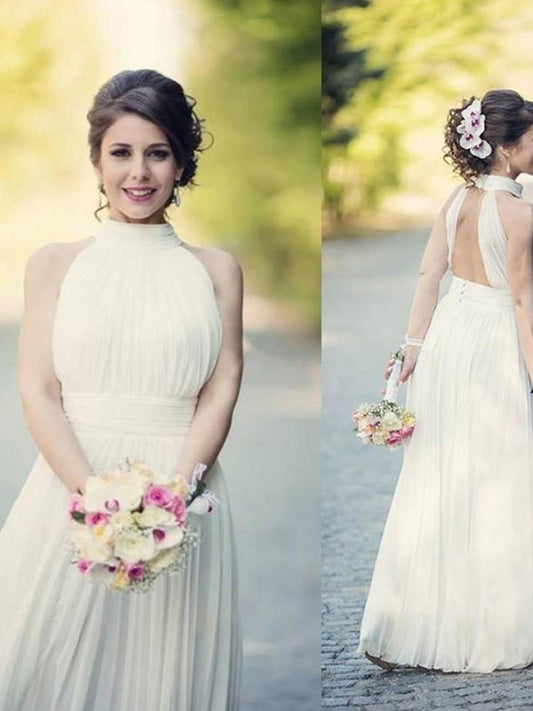 A-Line/Princess Halter Sleeveless Ruffles Tulle Floor-Length Wedding Dresses