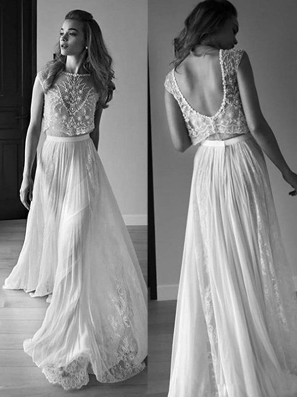 A-Line/Princess Sleeveless Scoop Chiffon Beading Sweep/Brush Train Wedding Dresses