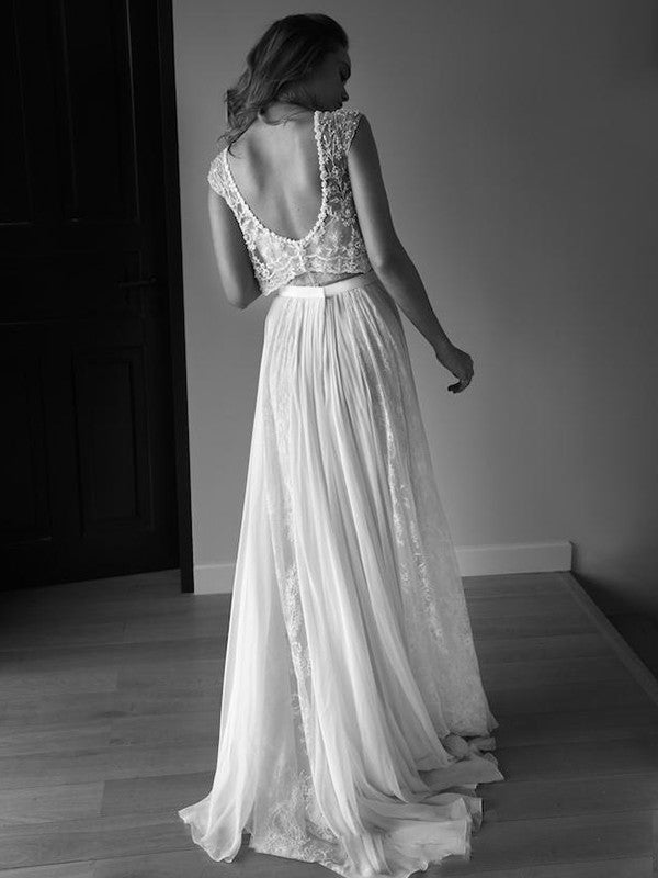 A-Line/Princess Sleeveless Scoop Chiffon Beading Sweep/Brush Train Wedding Dresses