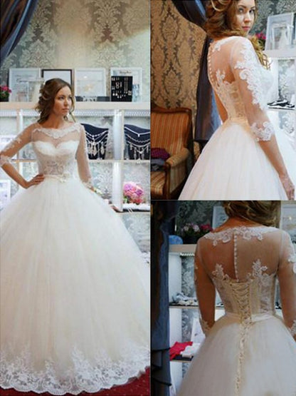 Ball Gown Tulle Scoop 1/2 Sleeves Applique Floor-Length Wedding Dresses