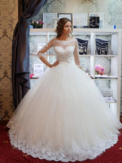 Ball Gown Tulle Scoop 1/2 Sleeves Applique Floor-Length Wedding Dresses