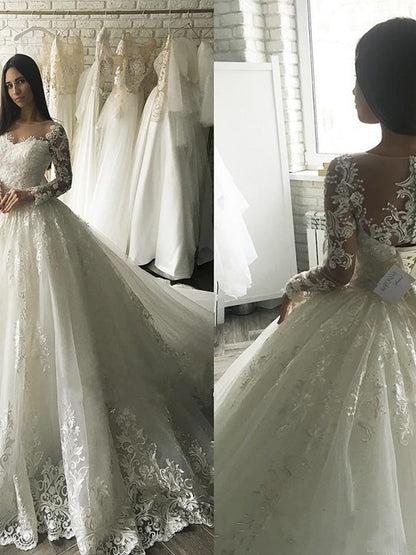 Ball Gown Tulle Scoop Long Sleeves Applique Court Train Wedding Dresses