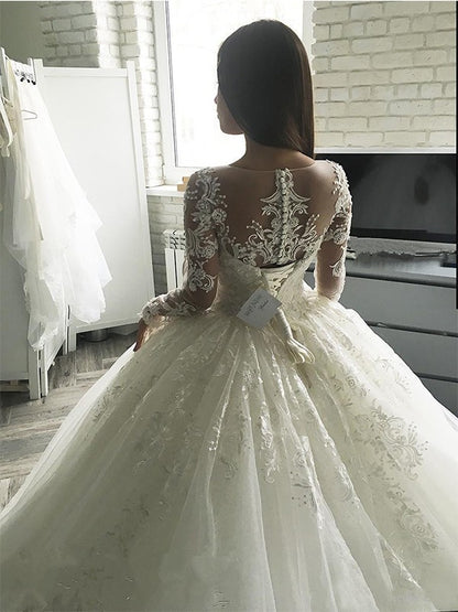 Ball Gown Tulle Scoop Long Sleeves Applique Court Train Wedding Dresses