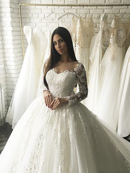 Ball Gown Tulle Scoop Long Sleeves Applique Court Train Wedding Dresses