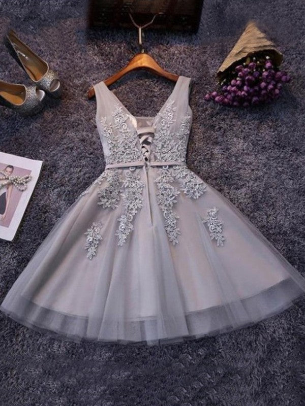 A-Line/Princess Sleeveless Straps Tulle Applique Short/Mini Dresses