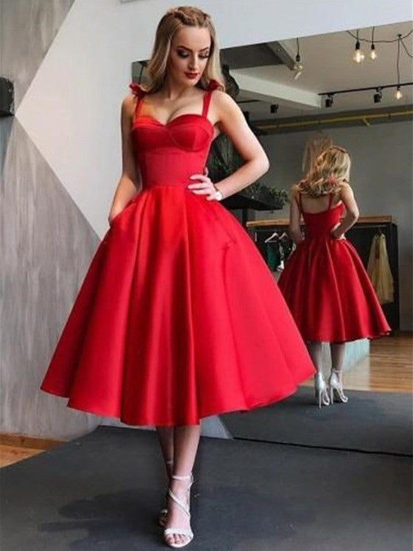 A-Line/Princess Straps Satin Sleeveless Ruffles Tea-Length Dresses