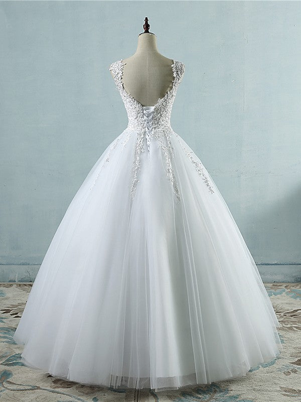 Ball Gown V-neck Sleeveless Sweetheart Floor-Length Applique Tulle Wedding Dresses