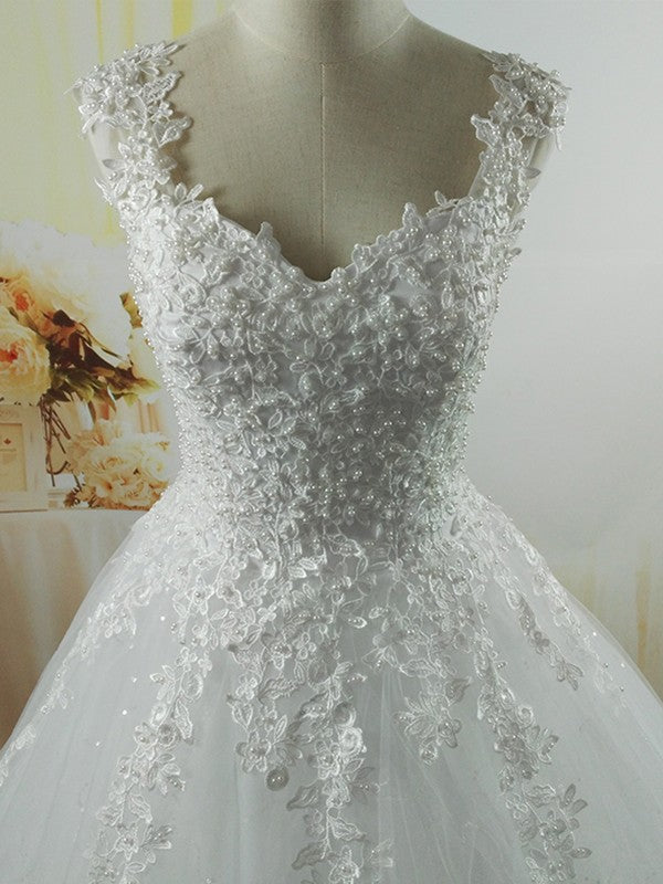 Ball Gown V-neck Sleeveless Sweetheart Floor-Length Applique Tulle Wedding Dresses