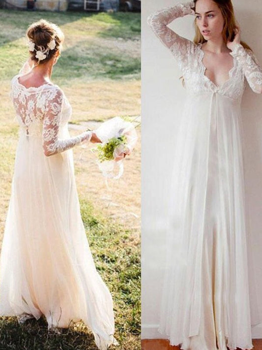 Empire V-neck Lace long Sleeves Floor-Length Chiffon Wedding Dresses