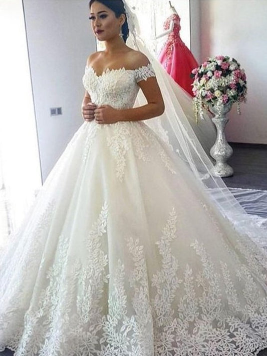 Ball Gown Off-the-Shoulder Sleeveless Sweep/Brush Train Lace Tulle Wedding Dresses