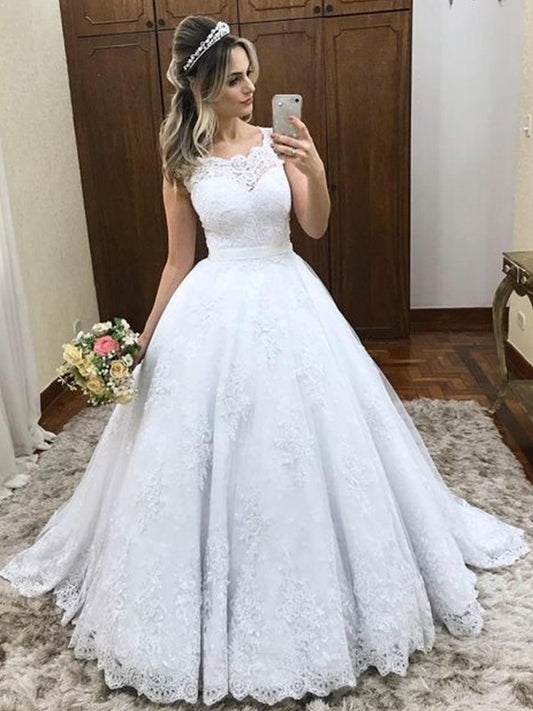 Ball Gown Scoop Sleeveless Sweep/Brush Train Lace Satin Wedding Dresses